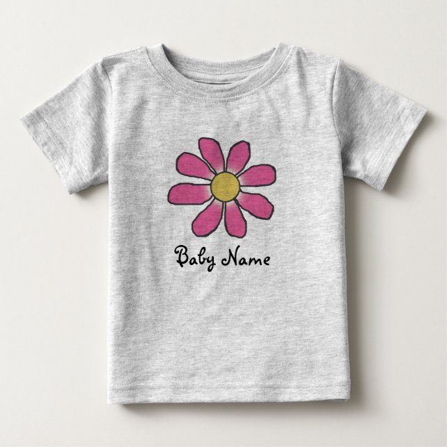 Camiseta Para Bebê Flor rosa doce com nome de bebê personalizado (Frente)