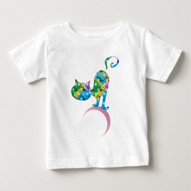 Camiseta Para Bebê Gato Colorido Na Lua Crescente (Frente)