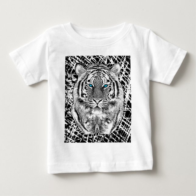 Camiseta Para Bebê Gráfico de Tigre Azul Preto E Branco (Frente)