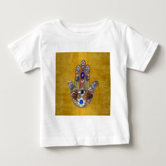 Camiseta Para Bebê Hamsa Hearts Flowers Opal Art em Dourado (Frente)