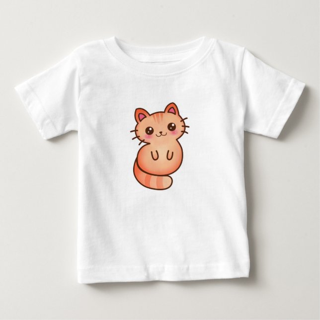 Camiseta Para Bebê Ilustração alaranjada bonito do gato de Kawaii (Frente)