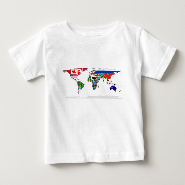 Camiseta Para Bebê Mapa do mundo embandeirado das bandeiras do mundo (Frente)