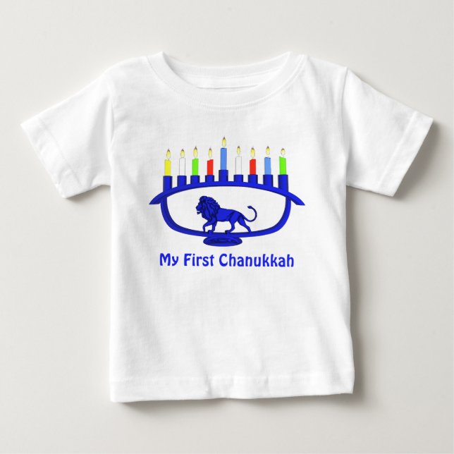 Camiseta Para Bebê Meu Primeiro Chanukkah - Leão Azul Menorah (Frente)