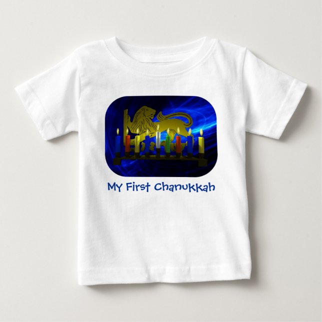 Camiseta Para Bebê Meu Primeiro Leão Chanukkah Brass Menorah (Frente)