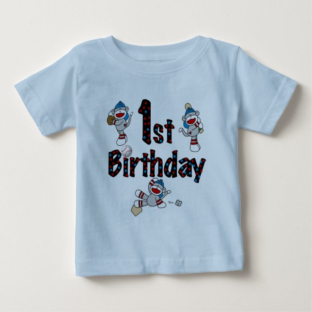 Camiseta Para Bebê ø Aniversário do basebol do macaco da peúga (Frente)