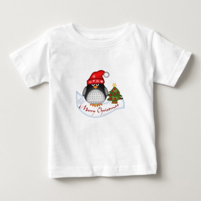 Camiseta Para Bebê Pinguim de Natal bonito com Criança de Texto Longa (Frente)