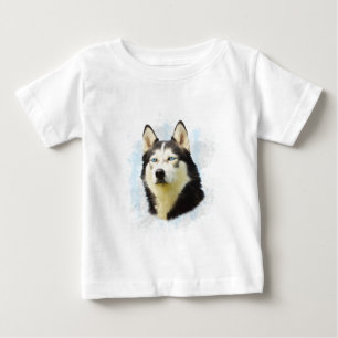 Camiseta Para Bebê Pintura em Aquarela de Cachorro Husky Siberiano