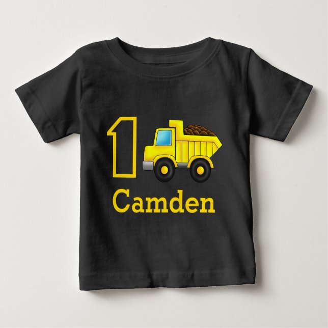 Camiseta Para Bebê Primeiro Aniversário Carro-Caminhão de Construção  (Frente)
