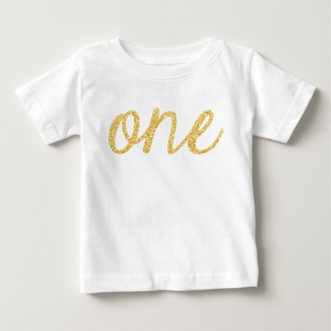 Camiseta Para Bebê primeiro aniversario de Script Glitter de Faux Dou (Frente)