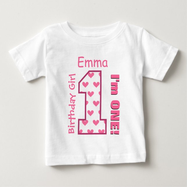 Camiseta Para Bebê primeiro aniversario Girl Hearts One Year Custom N (Frente)