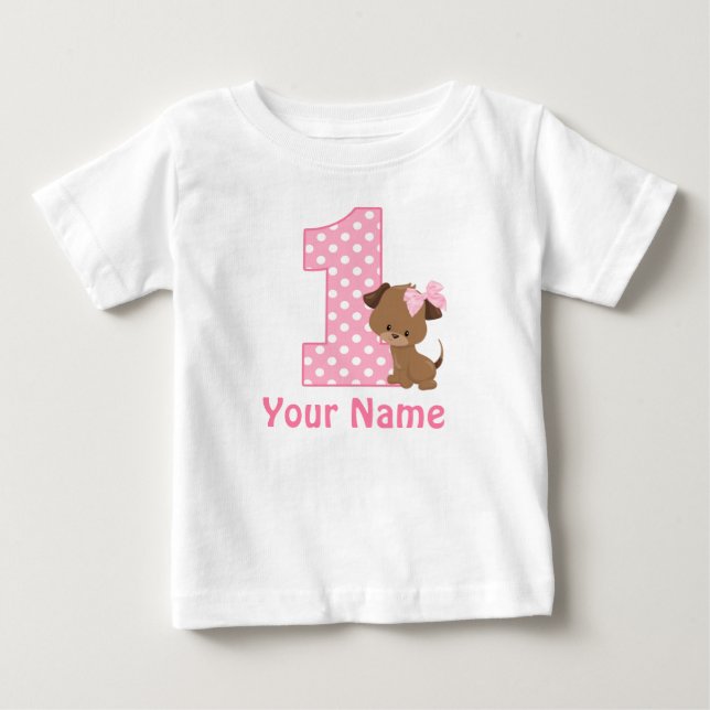 Camiseta Para Bebê primeiro aniversario Rapariga Puppy Personalizada  (Frente)