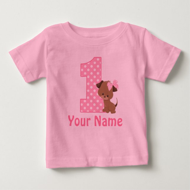 Camiseta Para Bebê primeiro aniversario rosa cor-de-rosa personalizad (Frente)