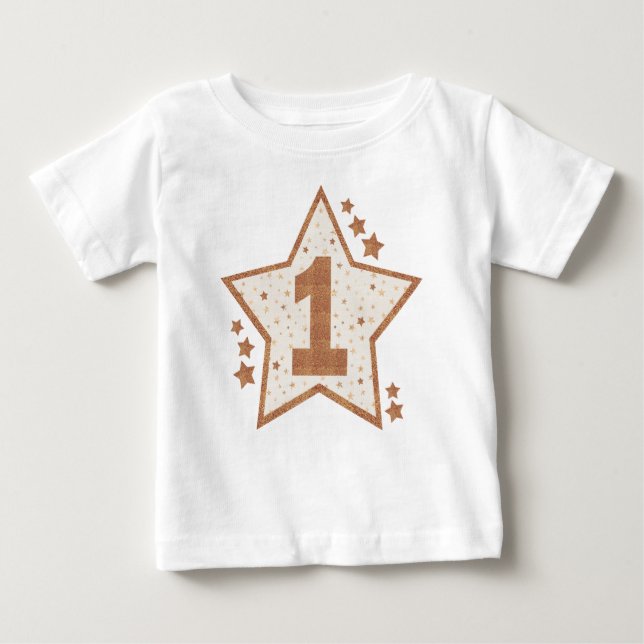 Camiseta Para Bebê Primeiro aniversário, rosa e estrela Dourada (Frente)