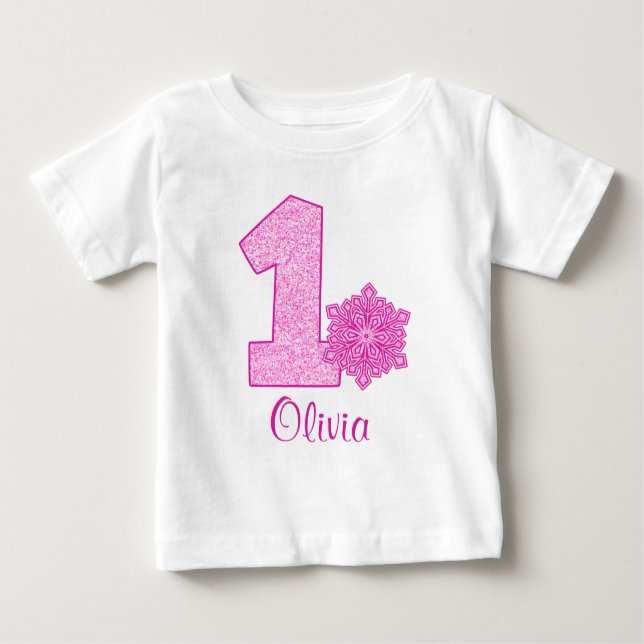 Camiseta Para Bebê Primeiro aniversario Rosa Floco de Neve Personaliz (Frente)