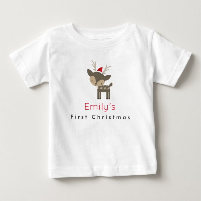 Camiseta Para Bebê Primeiro Veado De Natal Personalizado Em Um Chapéu (Frente)