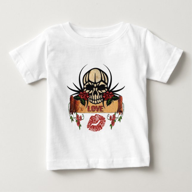 Camiseta Para Bebê RAB Rosas de crânio Rockabilly Love Lipstick (Frente)