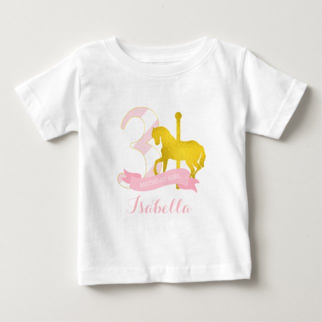 Camiseta Para Bebê Rapariga de aniversário do Cavalo Carrossel Rosa (Frente)