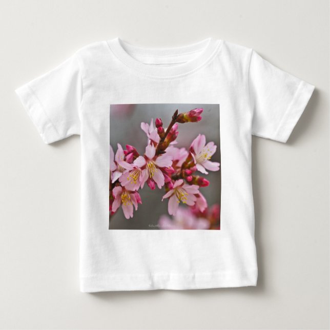 Camiseta Para Bebê Rosa Contra Uma Cinza Céu Japonês Blossomas De Cer (Frente)