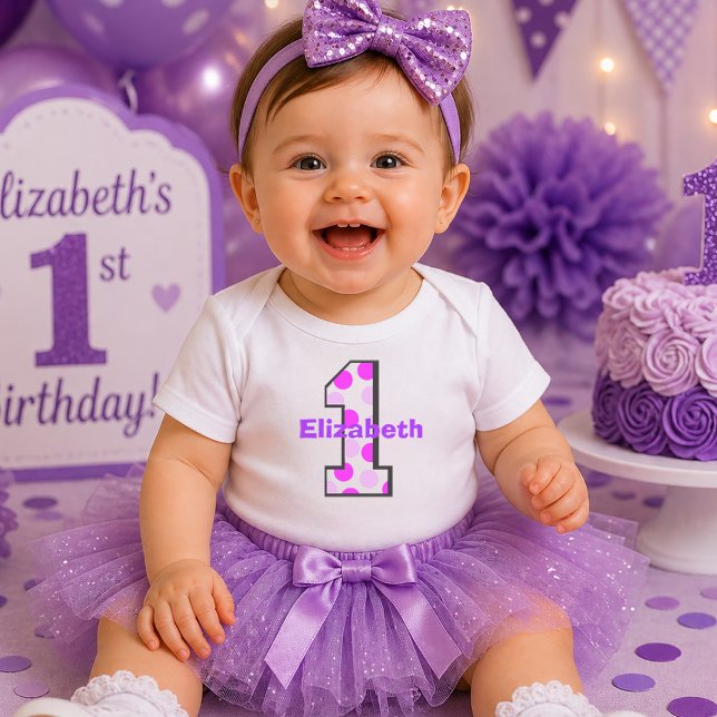 Camiseta Para Bebê Roxo Pontinho Simples 1º Aniversário (Purple Polka Dot Simple 1 First Birthday Baby T-Shirt)