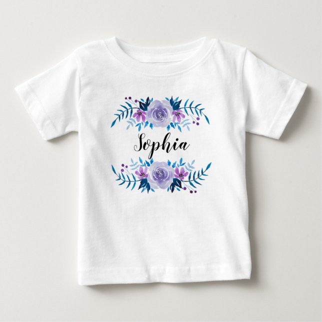 Camiseta Para Bebê Texto Personalizado de Texto Floral Púrpura Azul-C (Frente)