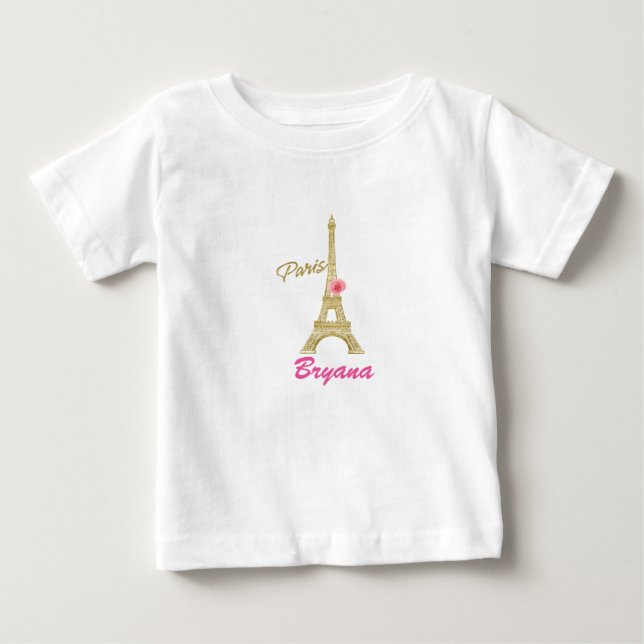 Camiseta Para Bebê Torre Eiffel Dourada Paris & Rosa Personalizada (Frente)