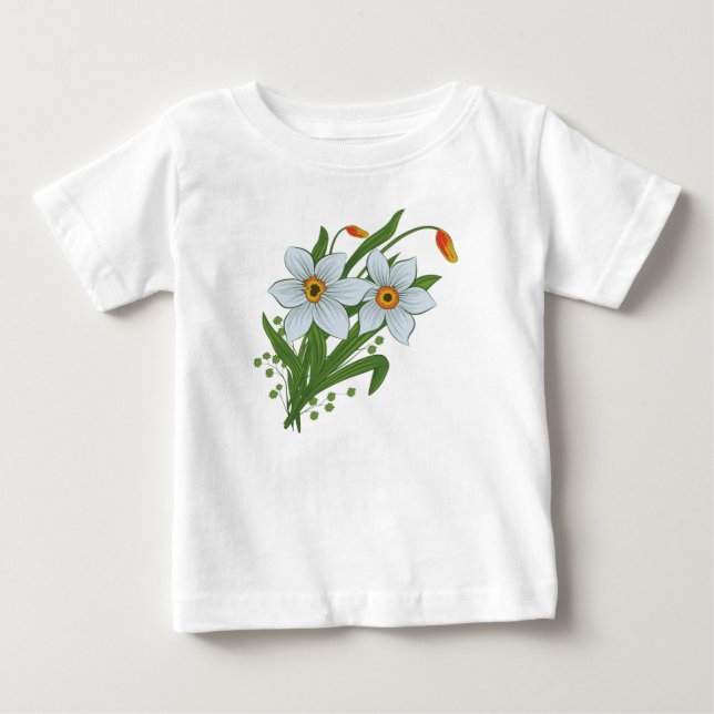 Camiseta Para Bebê Tulipas e Narcisos Flores (Frente)