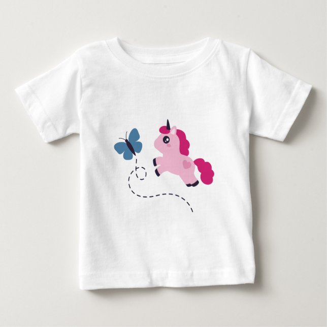 Camiseta Para Bebê Unicórnio Rosa Fofo com uma Borboleta (Frente)