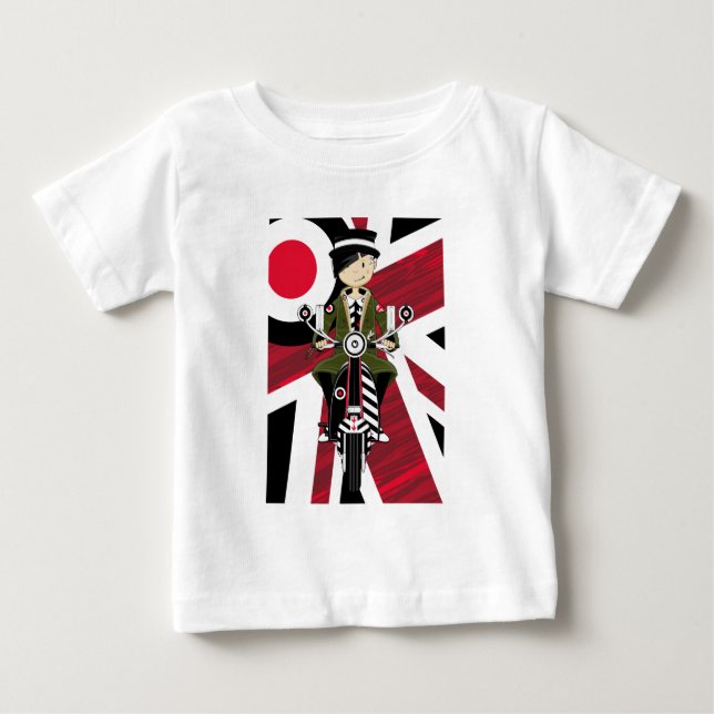 Camiseta Para Bebê Union Jack Mod Girl no Patinete (Frente)