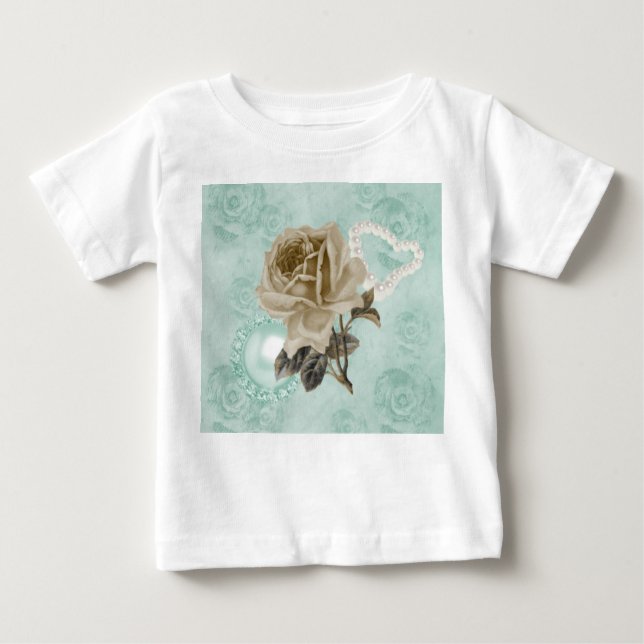 Camiseta Para Bebê Vestido Branco de Babados com Rosas de Marfim Verd (Frente)