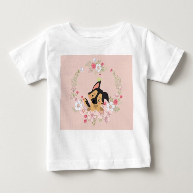 Camiseta para Menina com Cão, Pássaro e Flores (Frente)