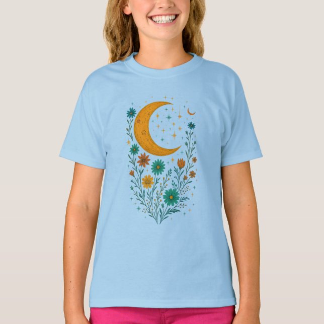 Camiseta para meninas com arte floral e lua celest (Frente)