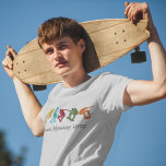 Camiseta Para Skateboarders Skate Graphics Personalizado<br><div class="desc">Crie artes personalizadas para o skater favorito com este skate gráfico temático que está pronto para ser personalizado com a sua própria mensagem. Apresenta ilustrações do estilo silhueta de skate em amarelo-mostarda,  azul-turquesa,  vermelho-escuro,  verde e laranja-ferrugem. Seu texto aparece abaixo dos gráficos nas letras das cinzas de carvão.</div>