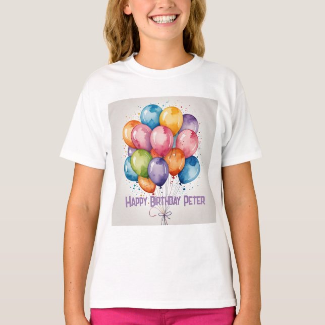 Camiseta Parabéns Balões de Feliz Aniversário - Nome Person (Frente)