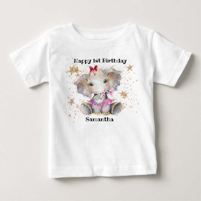Camiseta Parabéns T-Shirt, primeiro aniversario Baby Elepha (Frente)