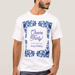 Camiseta Parabéns trinta aniversário azul real floral borda