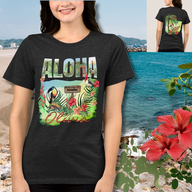 Camiseta Paraíso Tropical de Aloha Personalizado De Dois La (Personalized Aloha Tropical Paradise Double-Sided Tri-Blend Shirt)