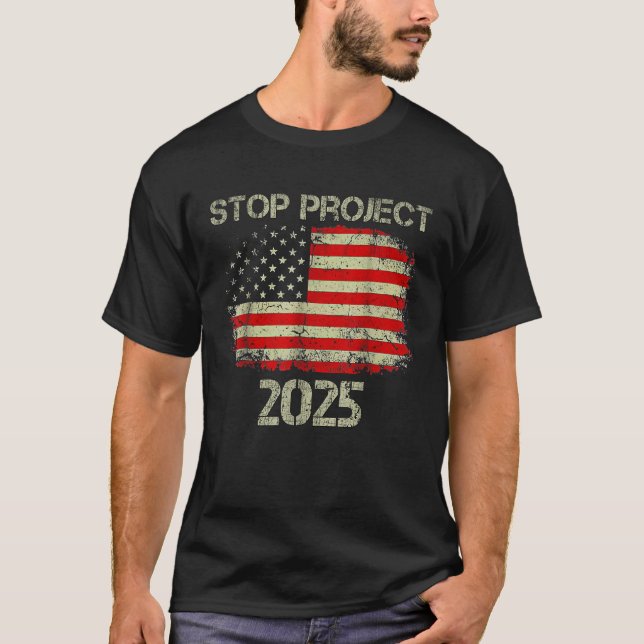 Camiseta Parar Projeto 2025 Trump 2024 Bandeira Americana (Frente)