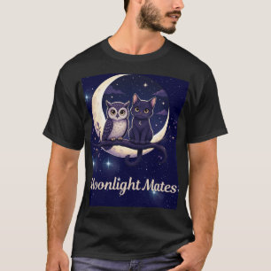 Camiseta Parceiros ao Luar Gatinho Preto Fofo e Coruja Lua
