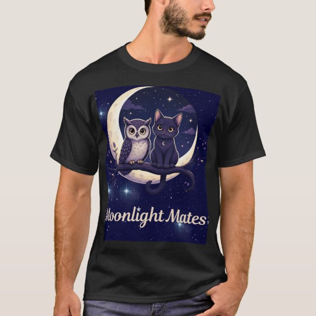 Camiseta Parceiros ao Luar Gatinho Preto Fofo e Coruja Lua  (Frente)