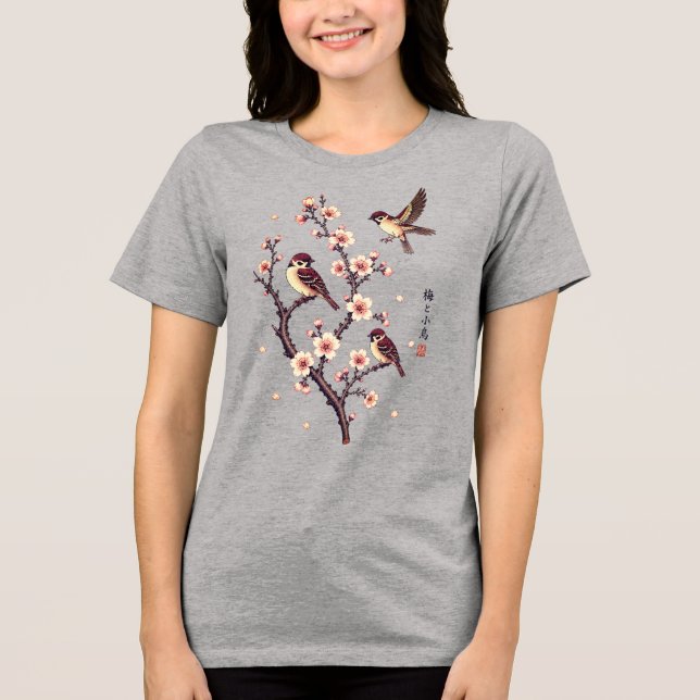 Camiseta Pardais da Primavera num Ramo Florido (Frente)