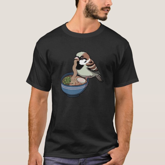 Camiseta Pardal-doméstico Fofo Comendo Macarrão Ramen Pássa (Frente)