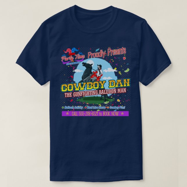 Camiseta Parentood Cowboy Dan, o Homem Balão de Tiros (Frente do Design)