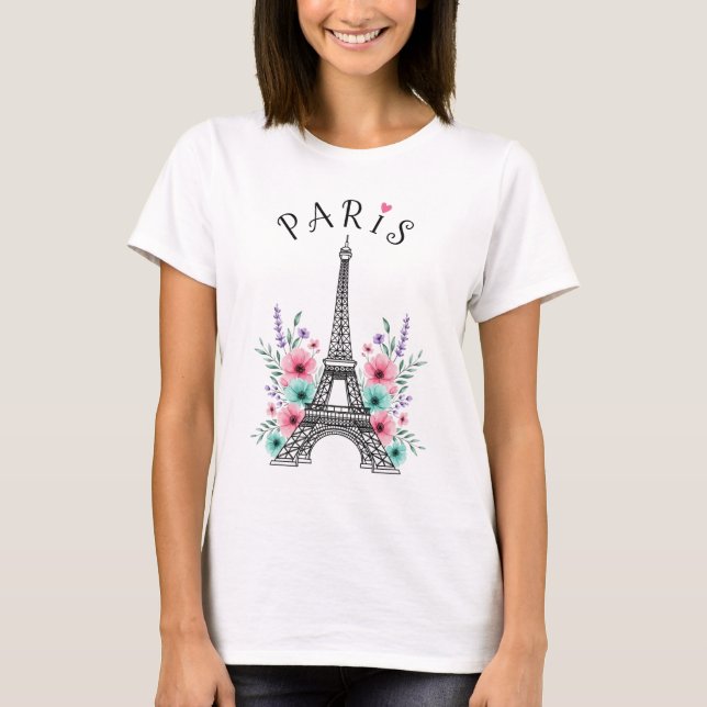 Camiseta Paris Romance - Torre Eiffel e Sonhos Florais (Frente)
