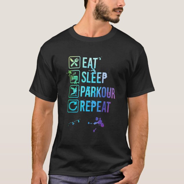 Camiseta Parkour Comer Sleep Repetir Presente de Aquarela (Frente)