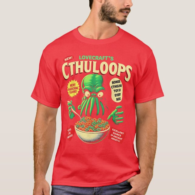 Camiseta Paródia de Cereal Cthuloops para Fãs de Horror Cth (Frente)