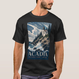 Camiseta Parque Nacional Acadia Maine Viagem em Xilogravura