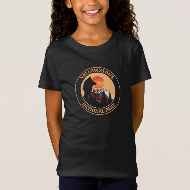 Camiseta Parque Nacional Yellowstone, Arte do Lobo Sunset,  (Frente)