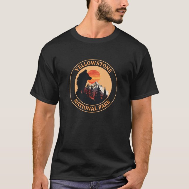 Camiseta Parque Nacional Yellowstone, Arte do Lobo Sunset,  (Frente)