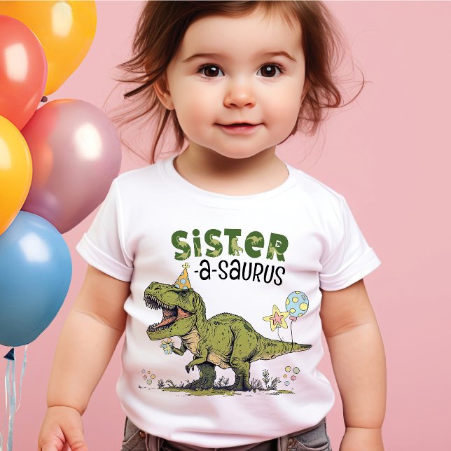 Camiseta Partido do Tema do Dinossauro Sister-Surus (Cute funny sister-a-saurus t-rex dinosaur theme kids birthday party matching family members t-shirt)