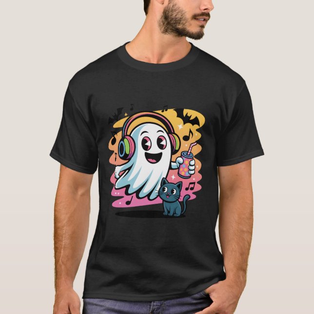 Camiseta Party Ghost with Cat Cute Halloween Cartoon (Frente)